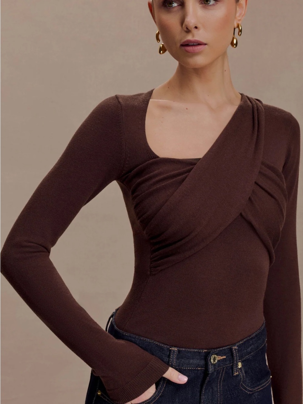 Meshki The Kaylen: Brown Draped Asymmetric Long-Sleeve Top